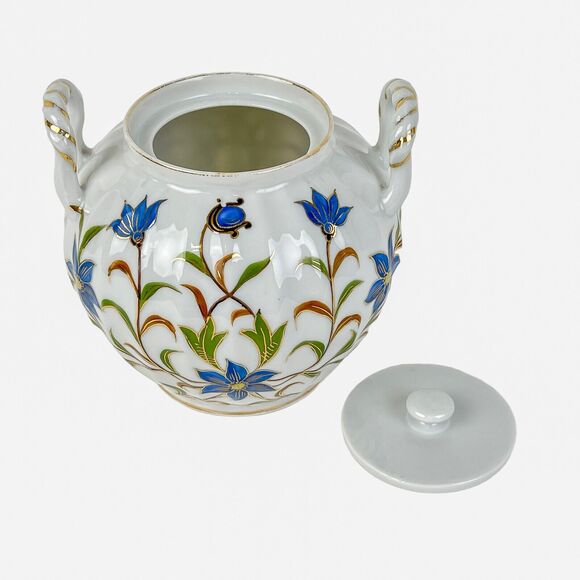 Jar Lid White Ceramic Blue Flowers Gold Trim Side Handles Decorative 4.75" Tall - Picture 2 of 12